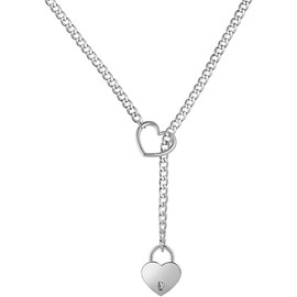 Heart Slip Chain Choker Necklace for Women Stainless Steel Cuban Chain Heart Y-shape Necklace Punk Rock Collar Necklace Adjustable Lariat Y Necklace Heart Locker With Key (Silver Lock)