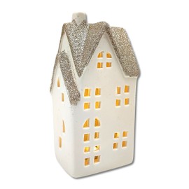 DARO DEKO Ceramic LED House - White Gold Glitter - 8 x 17 x 6 cm - Light House