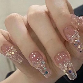AIXXCUVQ Butterfly Knots And Pearls Transforming Nail Tips Into Charms Full Of Charm ABS Mid To Long Trapezoidal Nail Art