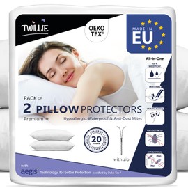 Twillie Waterproof Pillow Protectors (Pack of 2) – for 60 x 70 cm Pillows, Oeko-TEX® Certified – Aegis® Hypoallergenic – Anti Dust Mite, Bacterial – Made in Europe