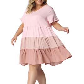 Agnes Orinda Women's Plus Size Babydoll Ruffle Short Sleeve Casual Loose Flowy Swing Hem Chambray V Neck Mini Dress 2X Pink