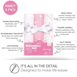Bloomsbury Mill - 100% Organic Cotton Muslin Cloths for Baby – Breathable & Soft Muslin Squares Burp Cloths – Newborn Essentials Gift in Variety of Pink & White Designs - 70cm x 70cm (pack of 6)