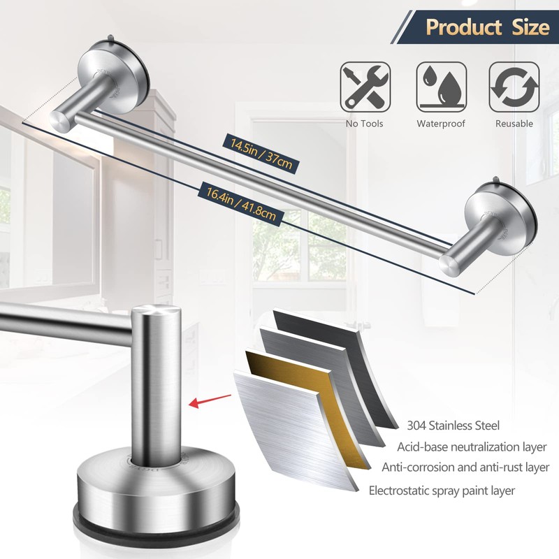 DGYB 17-Inch Brush Suction Cup Towel Bar – No-Drill Wall-Mounted