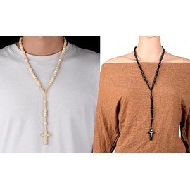 2 Pcs Wooden Beads Rosary Necklaces Handmade Rosaries Wood Beads Christ Jesus Necklaces Imprint Cross Religious Accessories Christian Prayer Necklaces (Black and Khaki)
