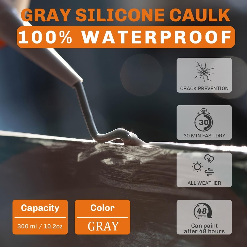 WELLUCK Grey Silicone Caulk, 100% Waterproof Silicone Sealant Adhesive Caulking,for