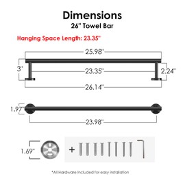 FORIOUS Black Towel Bar for Bathroom Wall, 24 Inch Stainless Steel Towel Racks for Bathroom, Includes Wall Mounting Hardware (Matte Black,Total Length 26-Inch)