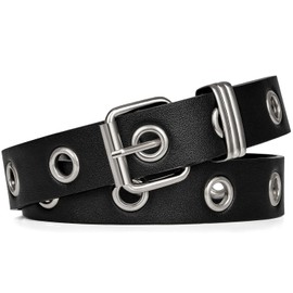 FIORETTO Single Grommet Leather Belt Women Men Punk Rock Waist Belts for Jeans Pants Single Holes Black-Silver