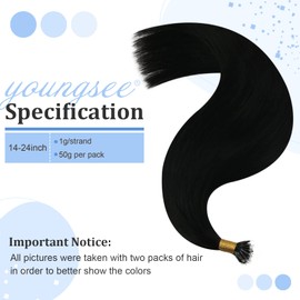 YoungSee Nano Ring Real Hair Extensions, Black Extensions, Nano Beads Hair Extensions, 1 g/s, 50 g, #1, 50 cm