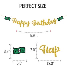 Dill-Dall Dollar Happy Birthday Banner, Money Dollar Bill Signs Bunting Decor, Casino Themed Birthday Party Decorations Garland, Gold Glitter
