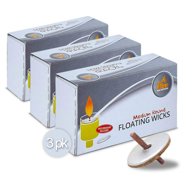 Round Floating Wicks – 150 Count (Approx.), Medium Sized Cotton Wicks and Cork Disc Holders for Oil Cups -with Wick Removal Tweezers - by Ner Mitzvah