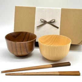 Gift Box Included, Wooden Bowls and Chopsticks Set of 4 (Clear Natural)