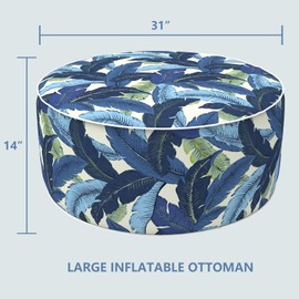 LVTXIII Indoor/Outdoor Inflatable Ottoman, D31 x H14 Inch Large Round Ottoman, All Weather Foot Rest Stool, Portable Footrest for Patio, Garden, Camping and Home - Swaying Palms Blue