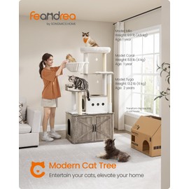 Feandrea Cat Tree, Large Cat Tower, 66.9-Inch Tall Cat Condo with Litter Box Enclosure, Storage, Elevated Bowl Stand, Scratching Posts, Large Cave, Washable Cushions, Heather Greige UPCT169K02