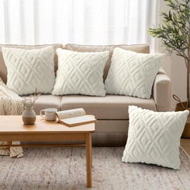 decorUhome Pack of 4 Faux Fur Throw Pillow Covers 18x18, Soft Decorative Couch Pillow Covers with Velvet Back for Modern Sofa Living Room, Cream White