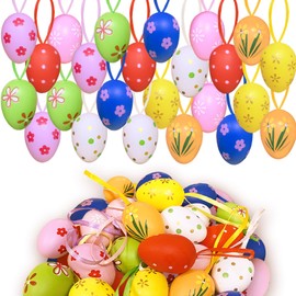 KEELYY 24 x Easter Eggs for Hanging, Easter Decoration Eggs Made of Plastic, Plastic Eggs, Colourful with Ribbon, Decorative Easter Eggs for Hanging Outdoors Indoors, Hand-Painted Easter Decoration