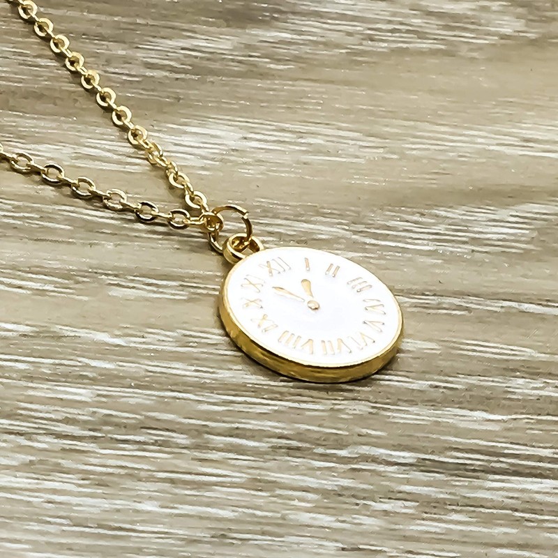 Gold Tone Tiny Clock Pendant Necklace Handmade