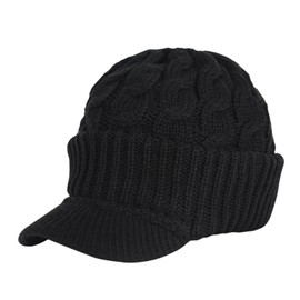 FashionTS Newsboy Cable Knitted Hat with Visor Brim Winter Warm Hat Unisex Men Women (Black)