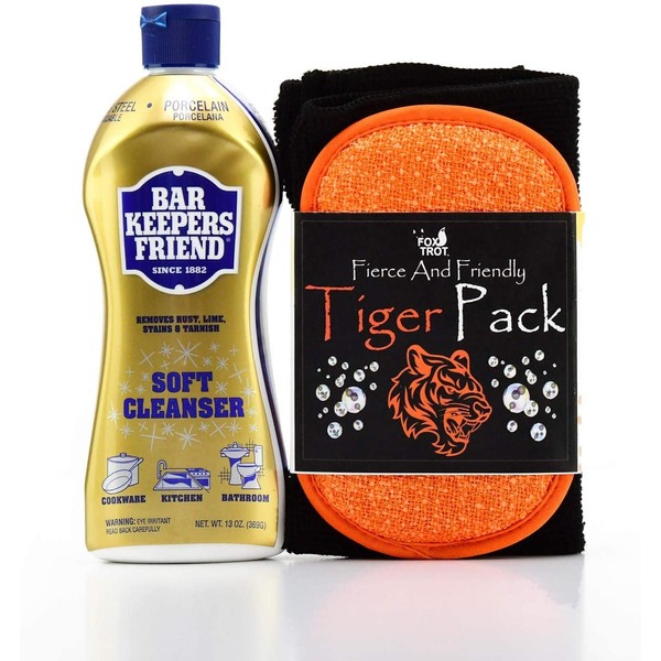 Bar Keepers Friend Liquid Cleanser 13 OZ with Foxtrot Cleaning Kit (Tiger Pack)