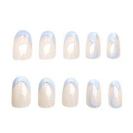 24 Pcs Press on Nails Medium, Luvehandicraft Stiletto Swirl Fake Nails, False Nails with Nail Glue on Nails for Women and Girls (Medium Blue French and Swirl)