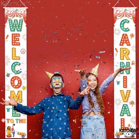 KatchOn Carnival Welcome Banner - 72x12 Inch, White & Red, Birthday, Reusable, Cloth Fabric