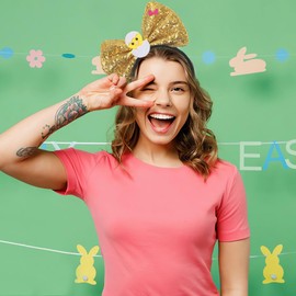 Easter Bow Headbands Sparkly Bowknot Headbands Chick Hair Accessories for Spring Parties, Easter Egg Hunts Photo Shoots (gold)
