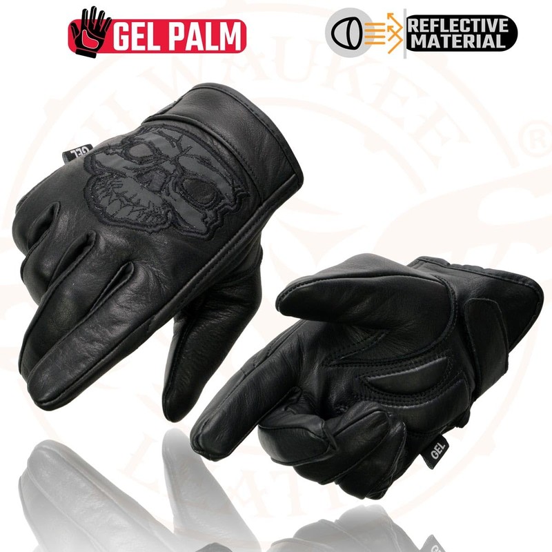 Men's Leather Motorcycle Glove w/Reflective Skull Design & Gel Palm