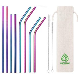 VEHHE Reusable Straws 8 Set Multi Color Stainless Steel Straws - Cleaning Brush for 20 Oz (Rainbow 8.5 inch + 10.5 inch)