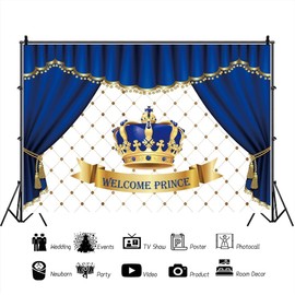 DORCEV 7x5ft Baby Shower Backdrop Welcome Prince Navy Blue Crown Grid Curtain Royal Luxury Photography Background Baby Shower Gender Reveal Newborn Announce Party Banner Photo Booth Props