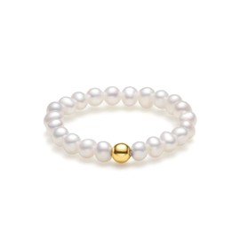 ZHOU LIU FU 18K Gold Rings White Freshwater Pearl Ring 3mm Small Beaded Rings Stackable Elastic Stretch Ring Simple Dainty Jewelry for Women Mom Daughter Birthday Anniversary X019420