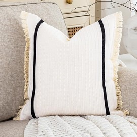 CARRIE HOME Cream White Boho Striped Throw Pillow Cover 18x18 with Tassels 1 Pack, Neutral Couch Pillows for Bed Couch, White Cotton Woven Bohemian Accent Pillow Covers 18 x 18 (No Pillow Inserts)