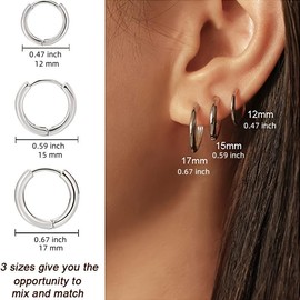 3 pairs 14k Gold Plated Huggie Hoop Earrings for Women - Minimalist Design in 3 Sizes - Perfect Gift for Women and Men - Available in Gold, Silver, and Black - Color: Silvery