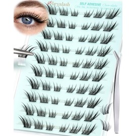 Obeyalash Selbstklebende Wimpern ohne Kleber Extension Mix 9 – 13 mm Press und Go Kit ohne Kleber künstliche Wimpern, Pre Glue Fox Eye Cluster Lashes mit Pinzette, geeignet für Anfänger (Kit-Fox Eye)