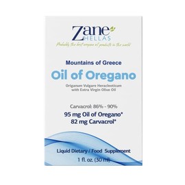 Aceite de orégano Zane Hellas 40% Aceite esencial griego puro de orégano .86% min carvacrol. 52 mg de carvacrol por porción. Probablemente el mejor ac