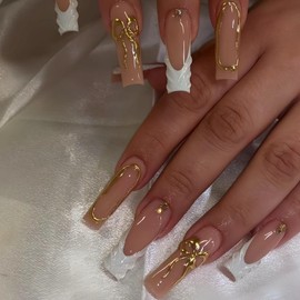 Long Square Press on Nails White French Tips Fake Nails with Rhinestones Water Ripple Design 3D Gold Bow False Nails Golden Irregular Stick on Nails Glossy Summer Nails for Women Girls Manicure 24Pcs
