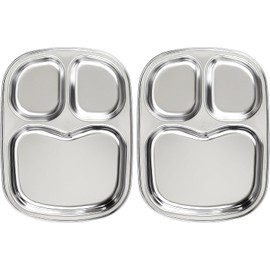 Korean Stainless Steel Divided Plates for Toddlers & Kids, Premium 304 Electro-Polished, BPA-Free 3-Compartment Food Tray, Camping & Balanced Meals, Set of 2