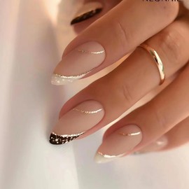 Almond Press on Nails Medium Fake Nails French Tip False Nails with Designs Gold Line Glue on Nails Full Cover Acrylic Nails Art DIY Stick on Nails for Women Nails Decoration 24 Pcs