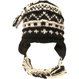 Nepal Hand Knit Sherpa Hat with Ear Flaps, Trapper Ski Heavy Wool Fleeced Lined Cap (White & Black)