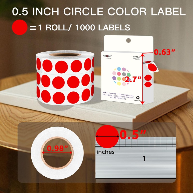 PARLAIM 1000 Pack 0.5 inch Diameter Round Dot Stickers, Red