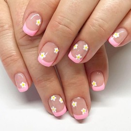 French Tip Press on Nails Short Square Fake Nails Pink Nails Press ons Glossy Glue on Nails Cute Acrylic Nails Spring Summer False Nails with White Flower Designs Nude Stick on Nails for Women 24Pcs