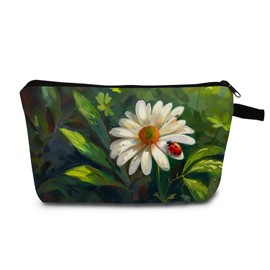 MoCaliduccious Impressionist Daisy Print Cosmetic Bag Vibrant Ladybug & Oil-Stroke Foliage Makeup Bag Birthday & Holiday Gift for Garden Elegance Lovers