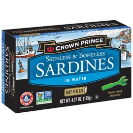 Crown Prince Skinless & Boneless Sardines in Water, EZ Peel lid w/Trident, 4.37 oz cans (Pack of 12)
