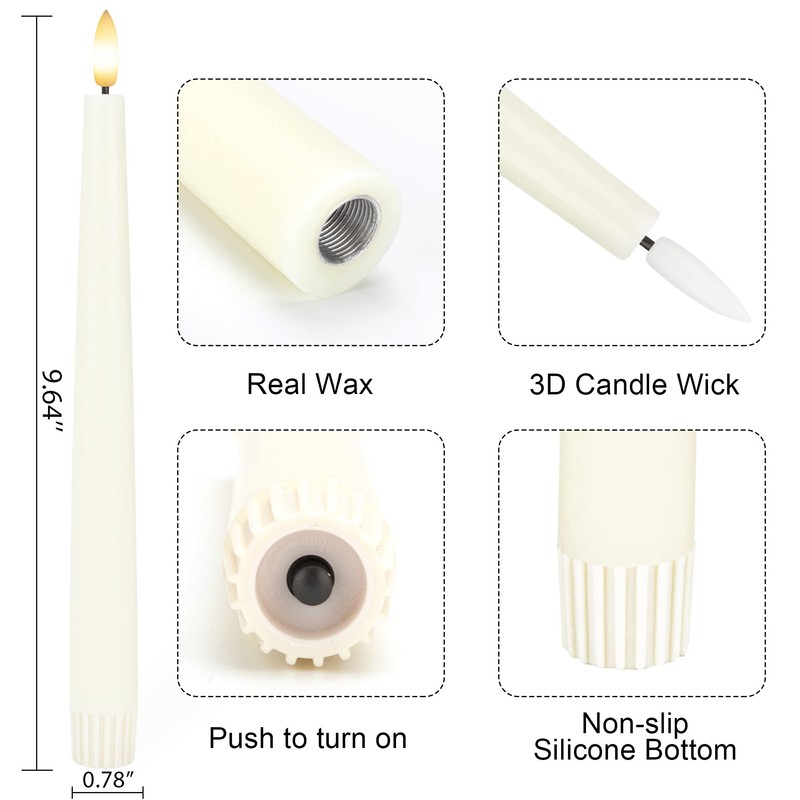 Flameless Taper Candles with 3D Wick, 9.6" Real Wax LED