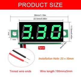 YIXISI 5 PCS DC 2.4-30V Gauge Tester 0.28", 2 Wires Mini Digital LED Voltmeter Display with Reverse Polarity Protection and Accurate Pressure Measurement Voltage Tester (Green）