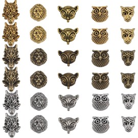 SUNNYCLUE 1 Box 60 Pieces Wolf Beads Owl Beads Bulk Tibetan Style Antique Silver Bronze Golden Animal Beads 3D Lion Head Fox Leopard Loose Spacer Beads Alloy Metal Beads for Jewellery Making