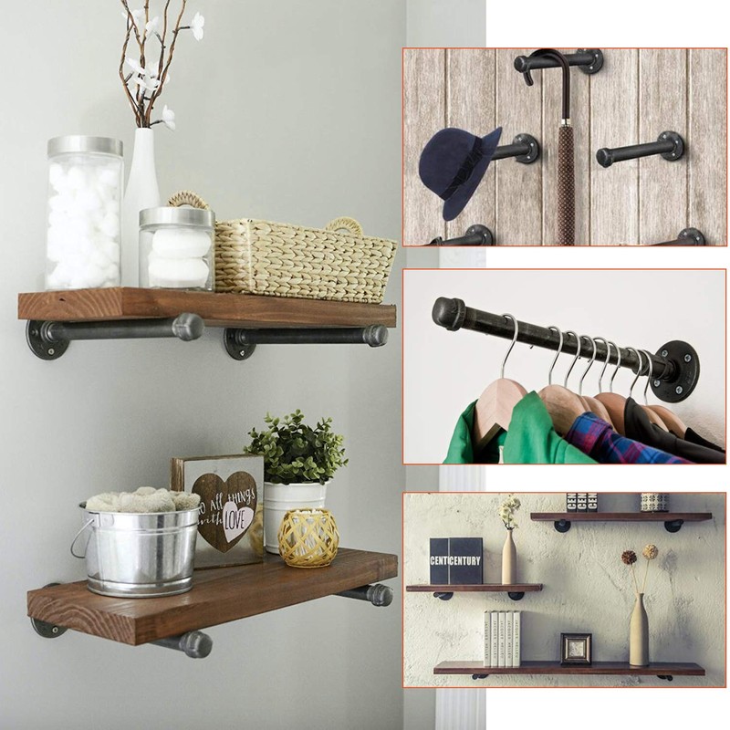 3/4" Industrial Black Iron Pipe Shelf Brackets, Rustic Wall Mounted