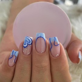 Blue French Press On Nails – Long Square Coffin Fake Nails with Heart & Stripe Design, 24Pcs Glossy Full Cover Acrylic Nail Tips, Reusable & Long-Lasting, Easy DIY for Women’s Daily Wear