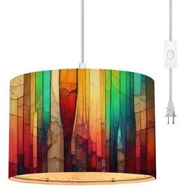 Plug in Pendant Light Colorful stained glass window Abstract stained glass Art Nouveau Hanging Lamp with 16.4FT Plug in Clear Cord Fabric Shade Dimmable Switch for Bedroom Living Room Kitchen