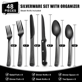 49-Piece Black Silverware Set with Organizer, Stainless Steel Roman Column Black Flatware for 8, Cutlery Utensil Sets with Steak Knives, Rust-proof, Mirror Polished, Dishwasher Safe