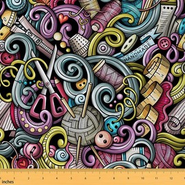 Tailor Upholstery Fabric for Chairs Couch, Colorful Handmade Measuring Tape Hippie Graffiti Outdoor Fabric by The Yard, Hip Hop Doodles Decorative Fabric for Upholstery and Home DIY Projects, 1 Yard