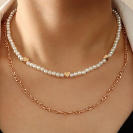 Stocking Stuffers Gifts for Women Pearl Necklaces for Women Boho Layered Choker Necklaces White Beaded Necklaces Heart Choker Jewelry Birthday Gift for Girls(Heart) Valentine's Day Gifts